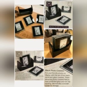 Set of (4) LIVE, LAUGH, LOVE Photo Coasters w/ Holder, Black Wood & Glass, NEW